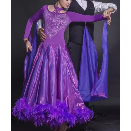 Black red fuchsia royal blue yellow competition feather ballroom dance dresses for women girls waltz tango rhythm foxtrot smooth dancing long gown for female